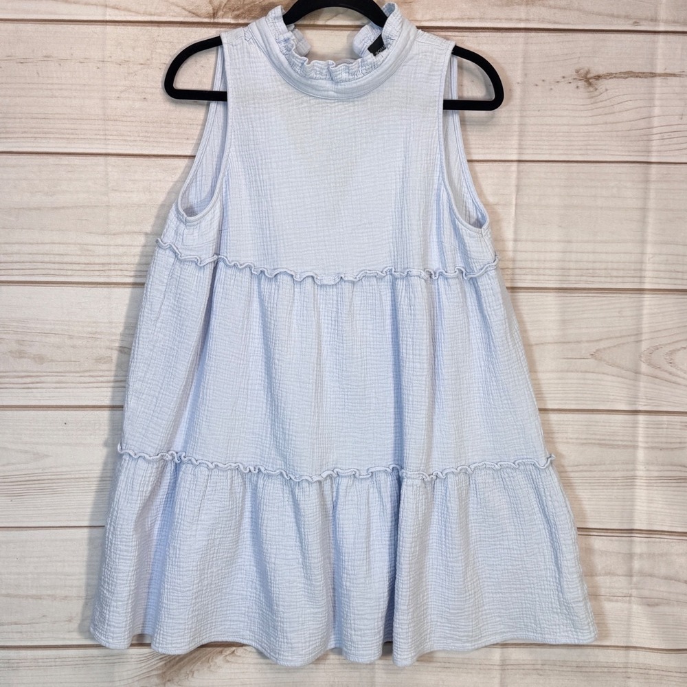 Pomander Place Tiered Babydoll Dress Womens XL Blue Sleeveless Gauze Ruffle Neck